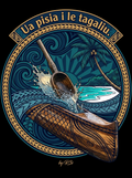Back print: full design — a Samoan canoe bailer splashing water, for the proverb 'Ua pisia i le tagaliu' (Splashed with water while the boat is bailed out)