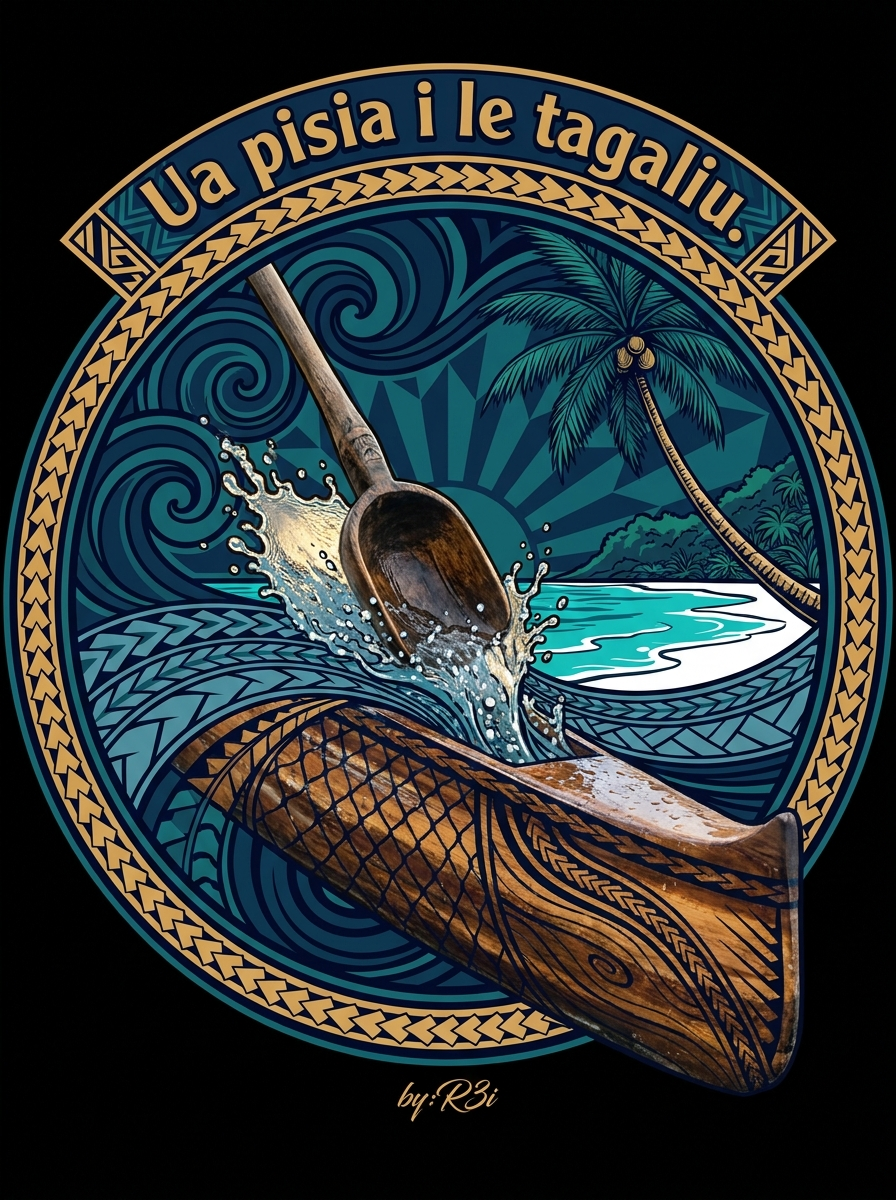 Back print: full design — a Samoan canoe bailer splashing water, for the proverb 'Ua pisia i le tagaliu' (Splashed with water while the boat is bailed out)