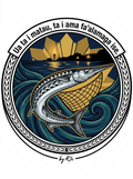 Back print: full design featuring an ise (needlefish) swerving beneath torchlight — 'Ua ta i matau, ta i ama fa'alamaga ise' proverb graphic