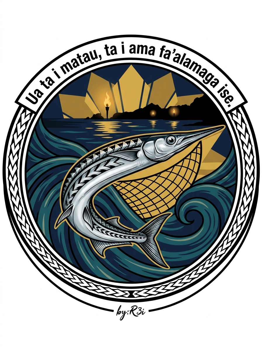 Back print: full design featuring an ise (needlefish) swerving beneath torchlight — 'Ua ta i matau, ta i ama fa'alamaga ise' proverb graphic